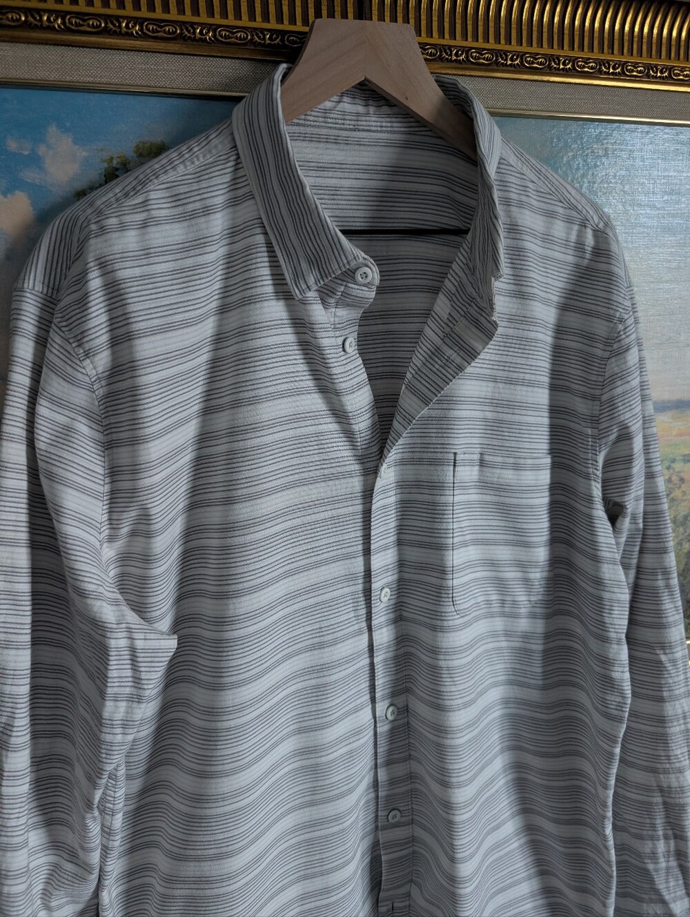 lululemon athletica Men’s White and Gray Striped Button-Down Shirt